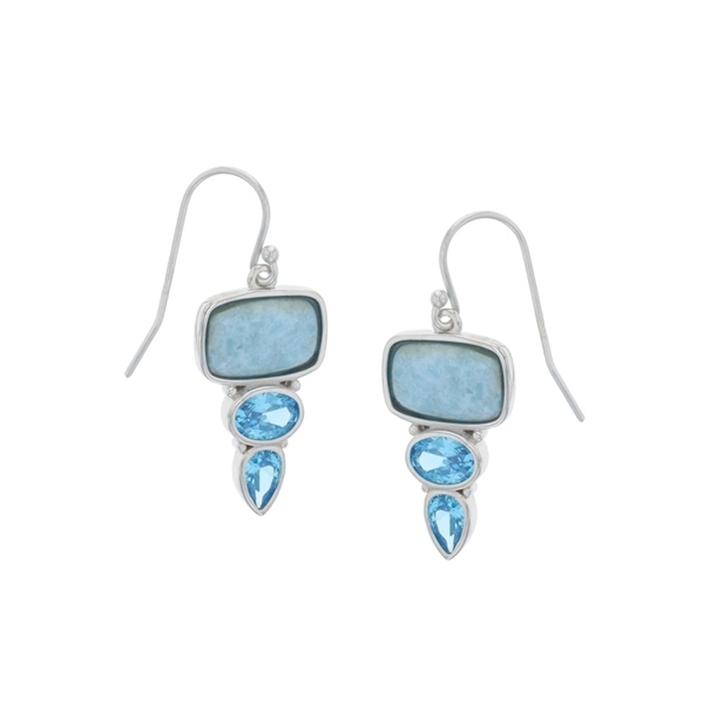 925 Sterling Silver Larimar Emerald Shape with Oval & Pear Aqua CZ Earrings